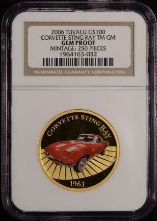 2006 Tuvalu Gold 100 Dollars Red 1963 Corvette Sting Ray Ngc Gem Proof 1 Of 250 photo