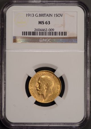 1913 Great Britain Sovereign Gold Coin Ngc Certified Ms 63 photo