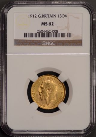 1912 Great Britain Sovereign Gold Coin Ngc Certified Ms 62 photo