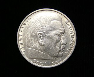 Germany 1936 - D 5 Reichsmark Coin.  900 Silver,  Swastika - Hindenburg photo