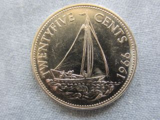 1966 Bahamas 25 Cents Au Coin W/ Bahamian Sloop,  Sail Boat,  Eliz.  Ll photo