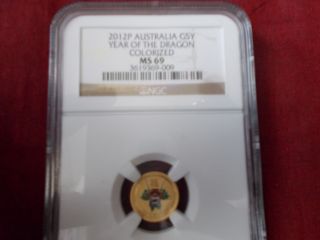 2012p $5 Colorized Gold Australia Lunar Year Of The Dragon Ngc Ms69 photo