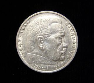 Germany 1936 - F 5 Reichsmark Coin.  900 Silver Au Hindenburg Issue photo