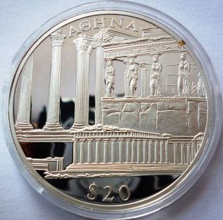 Liberia 20 Dollars 2000 Greece - Athens Buildings 999 Silver Coin Proof photo