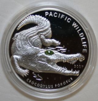 2007 Saltwater Crocodile Crystal Republic Of Palau 5 Dollars.  925 Fine Silver photo