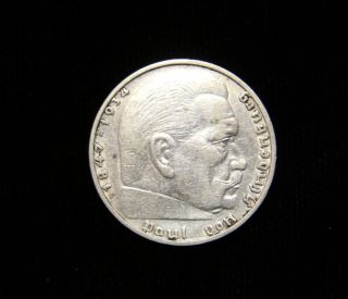 Germany 1937 - F 2 Reichsmark Coin Silver Swastika - Hindenburg Issue photo