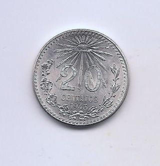 1943 Mexico Silver Twenty Centavos - - Bu Beauty photo