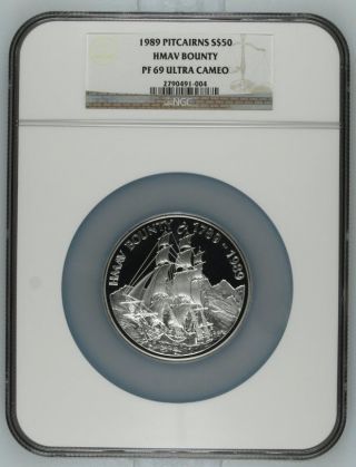 1989 Pitcairns Silver 5 Oz $50 Hmav Bounty Ngc Proof 69 Uc photo