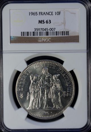 1965 France 10 Francs Silver Ngc Ms 63 Unc photo
