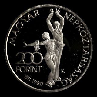 1980 Winter Olympic Figure Skating Silver Cameo Proof Coin Hungary 200 Forint photo