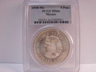 1948 Mexico Silver Cinco Pesos,  Cuauhtemoc,  Pcgs Ms 66,  Hard To Find In Ms 66 photo
