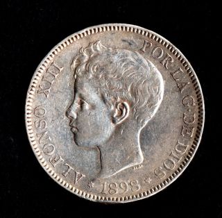 A Lovely Coin Of The Spanish - American War 5 Pesetas Silver 1898 Stars 18 98 photo