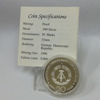 1990 German 20 Marks Proof Coin.  999 Silver Only 5,  000 Minted photo