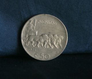 Italy 50 Centesimi 1921 Nickel World Coin Aequitas Four Lions photo