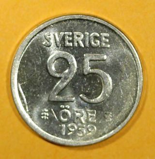 Sweden Silver Gustaf Vi 1959 25 Ore Unc Km 824 photo