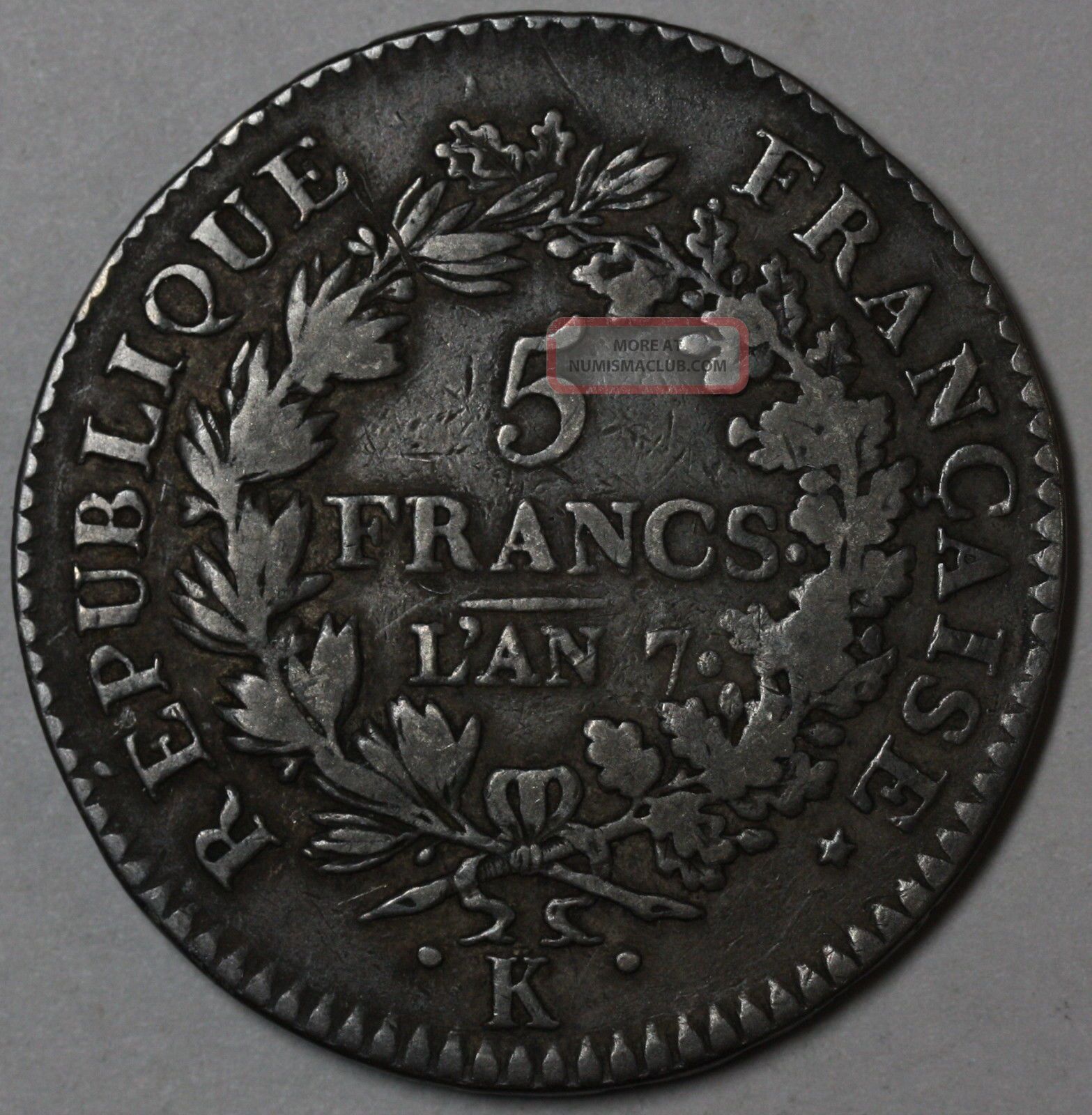 1798 - K (rare 64k Minted) Bordeaux Silver 5 Francs France Directory An - 7 Coin Europe photo