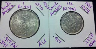 Saudi Arabia Silver 1935 1/2 & Silver 1950 1 Riyal Coin,  Over 1/2 Oz Silver photo