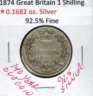 1874 Great Britain Shilling Silver Queen Victoria 140 Year Old Coin Km 734 photo