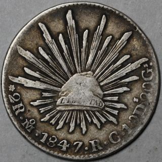 1847 - Mo Mexico Silver Cap & Rays 2 Reales (scarce,  Grade Coin) photo