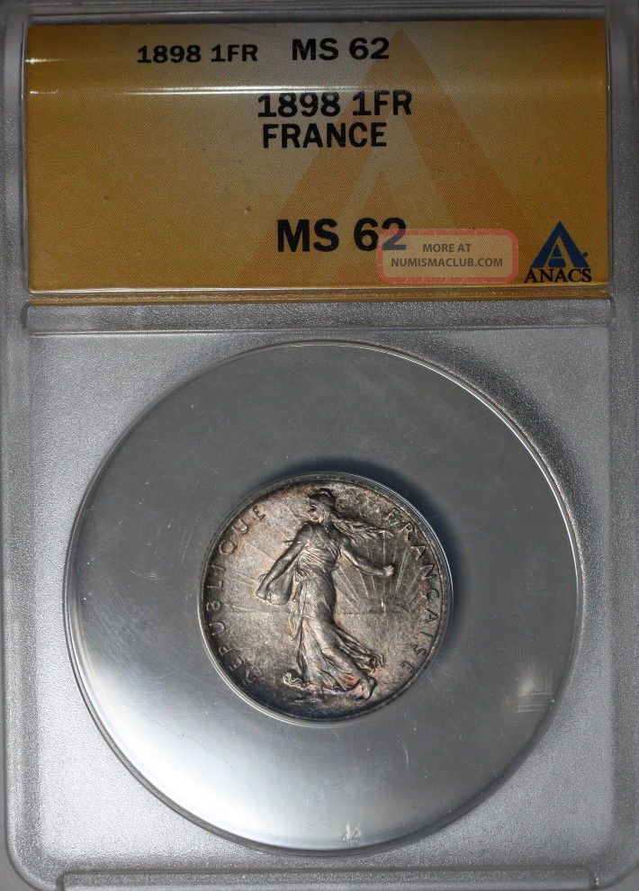 1898 Anacs Ms 62 France Silver 1 Franc Semeuse (sower) Type Toning Europe photo
