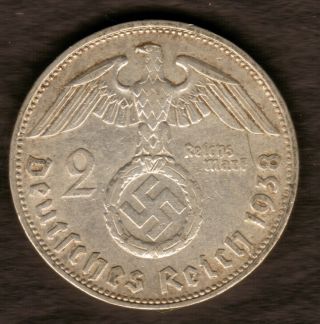 1938 B.  2 Reichsmark.  Germany,  Third Reich.  Silver.  Km 93.  Ab524 photo