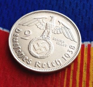 Extra Rare 1938 B Wwii 2 Mark Silver German Third Reichsmark Coin 5 photo