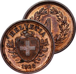 1928 B Switzerland Rappen Coin Red Brown Unc Bu photo