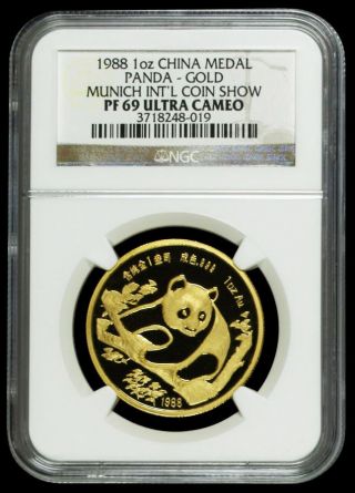 1988 Panda Ngc Pf69 Uc Munich Coin Fair China Gold 1oz Proof Medal Rare (pop 17) photo