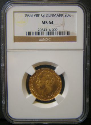 1908 Vbp Gj 20 Kroner Denmark Gold Coin Ngc Ms 64 photo