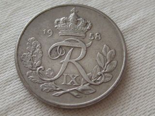 1958 Denmark 10 Ore World Coin,  Copper - Nickel,  Crowned Fixr Monogram photo