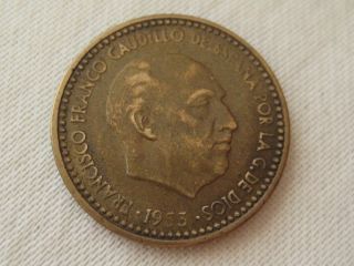 1953 (1963) Spain 1 Una Peseta World Coin,  Aluminum - Bronze,  Crowned Shield photo