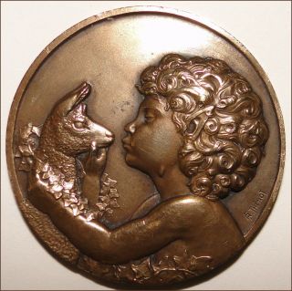 Gorgeous French Bronze Art Deco Mythology Faun Antilope Medal By Thenot photo