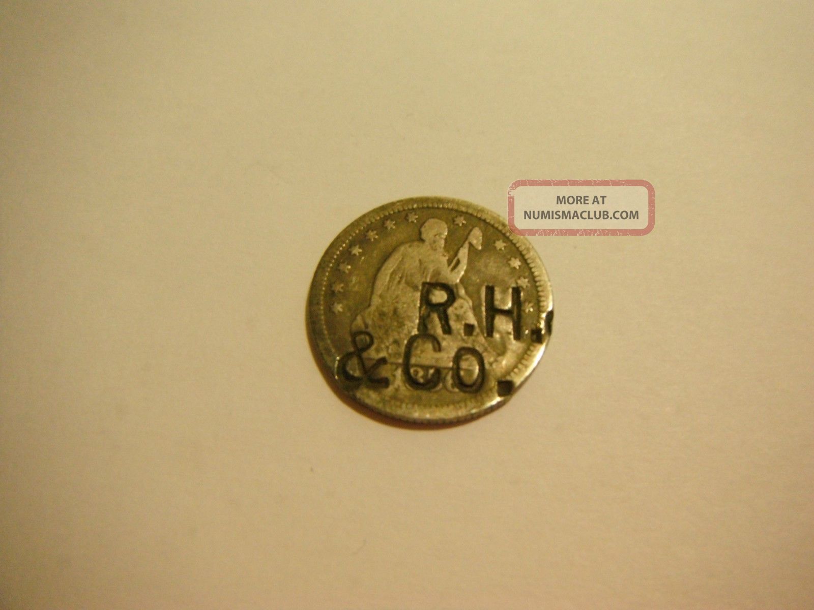 Silver Us 1856 Seated Quarter Counter Stamped R. H. And Co. Trade Token