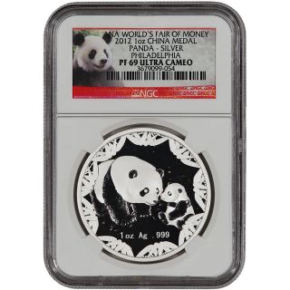 2012 China Silver Panda (1 Oz) Medal - Ana World ' S Fair Of Money - Ngc Pf69ucam photo