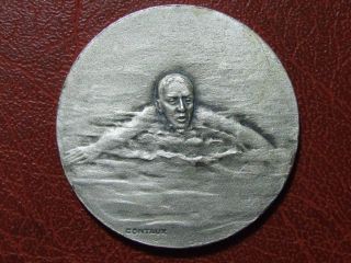 Art Deco Man Swimming Sports Silver Plated Medal By Georges Contaux photo