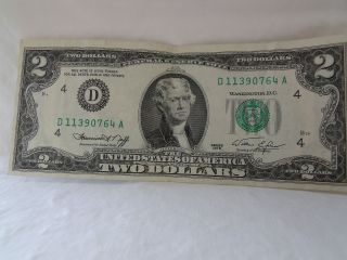 Two Dollar Bill Serial D 11390764 A Circulated But Crisp photo