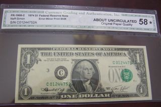 1974 1.  00 Fed Reserve Error Note Strong 3rd Print Shift Fr 1908 - C photo