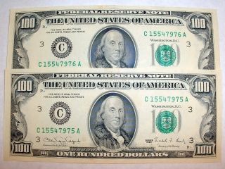 2 $100 Dollar Bills Consecutive Num Ser 1990 Fed Reserve Of Phil Old Face Ret. photo