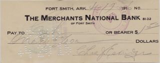 1916 Check Drawn On The Merchants National Bank Of Fort Smith,  Ark. photo
