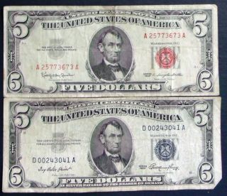 One 1963 $5 United States Note & One 1953 $5 Silver Certificate (d00243041a) photo