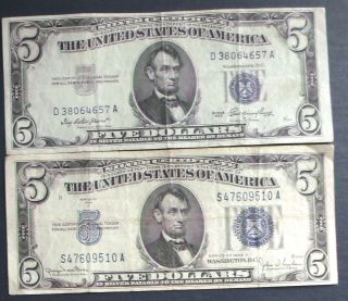 One 1953 $5 & One 1934d $5 Blue Seal Silver Certificate (s47609510a) photo