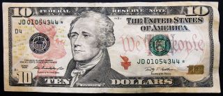 Star Note $10 2009 Cleveland,  Ave Circ Low Serial Jd 01054344 Jmw5152014 photo
