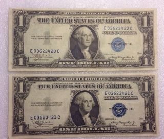 2 One Dollar Silver Certificates 1935 A Consecutive Order Ink Error? photo