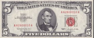 1963 Us Red Seal $5 Dollar Note Bill photo