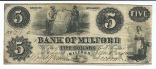 Delaware Bank Of Milford $5 1854 Issued - Signed G8 Rare Obsolete Currancy 1705 photo
