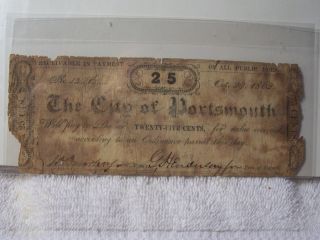 Confederate Obsolete City Of Portsmouth Virginia 25c Currency Note photo