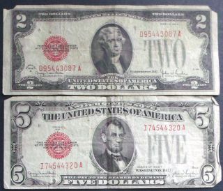 One Red Seal 1928g $2 & One Red Seal 1928f $5 United States Note (i74544320a) photo