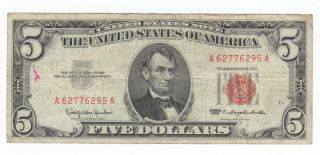 1963 Red Seal $5.  00 United States Note A62776295a Lincoln Five Dollar Bill photo