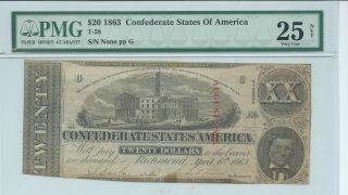 Csa 1863 Confederate Currency T58 $20 Note Pmg25 Vf Signed/not Issued Plate G photo