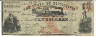 Obsolete Currency State Mississippi Jackson $10 Bank Note 1862 Cr35 Red 31040 photo